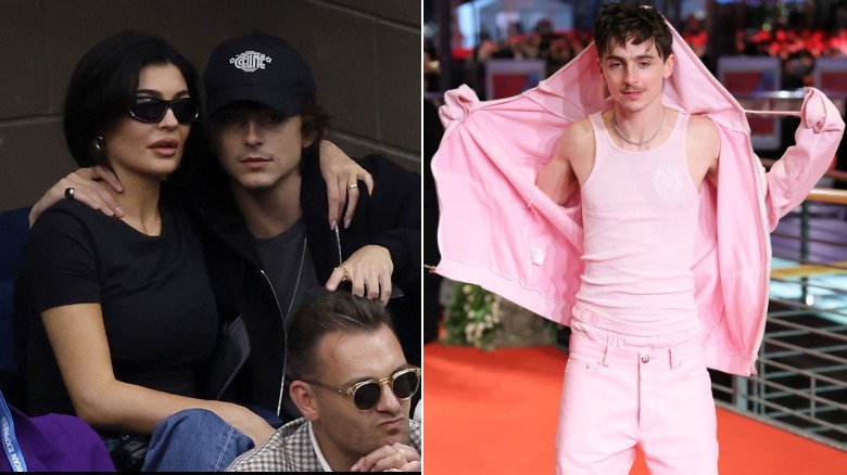 Timothée Chalamet and Kylie Jenner at a tennis match on the left and Timothée Chalamet at the Berlin International Film Festival on the right