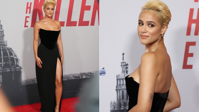 Nathalie Emmanuel black minimalist gown