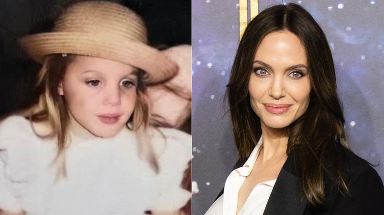 Side-by-side of Angelina Jolie as a young blond child and a brunette adult.