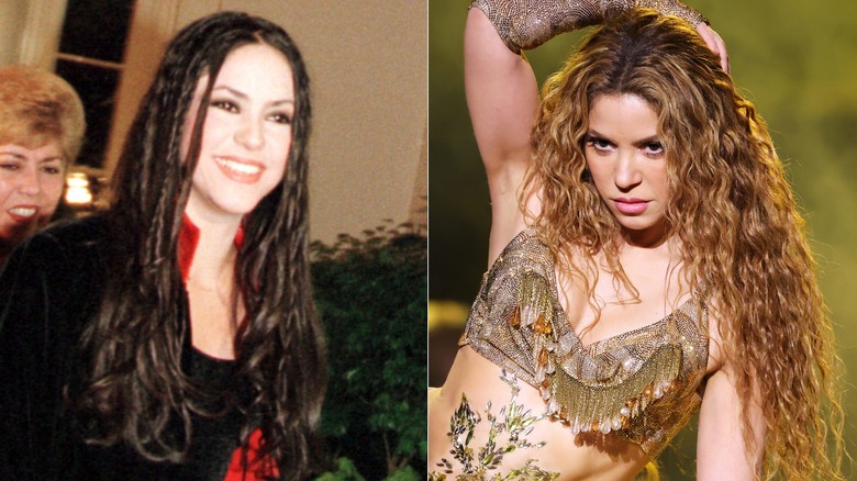 Side-by-side of Shakira as a brunette in 1998 and a blond in 2025.