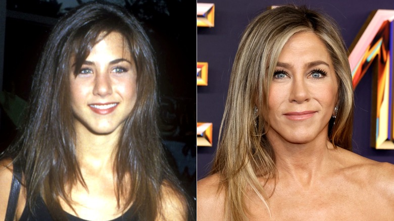 Side-by-side of Jennifer Aniston with dark brown hair in 1990 and sandy blond hair in 2024.