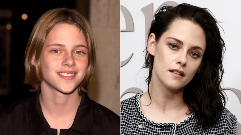 Side-by-side of young Kristen Stewart with blond hair in 2002 and as a brunette adult in 2024.