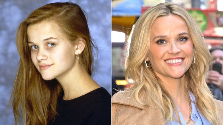 Side-by-side of Reese Witherspoon as a child with brown hair and an adult with blond hair.