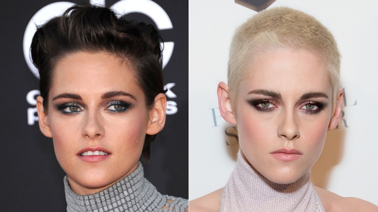 Kristen Stewart dark hair platinum buzz cut