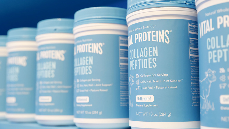 Collagen peptide containers on shelf