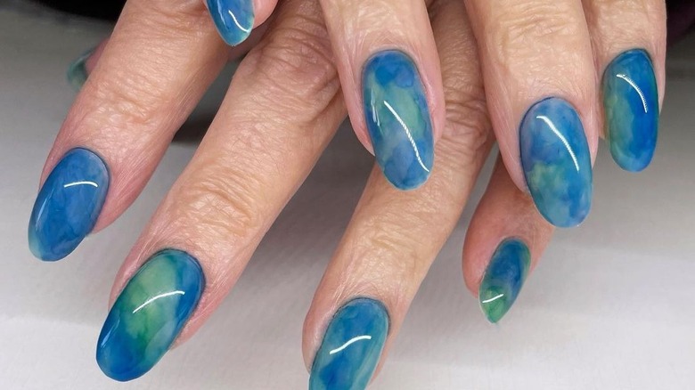 blue and green watercolor nails