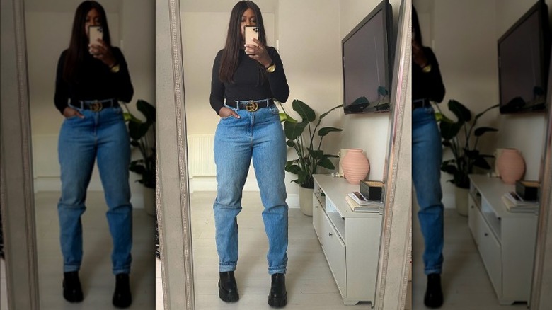 woman wearing chunky boots with jeans