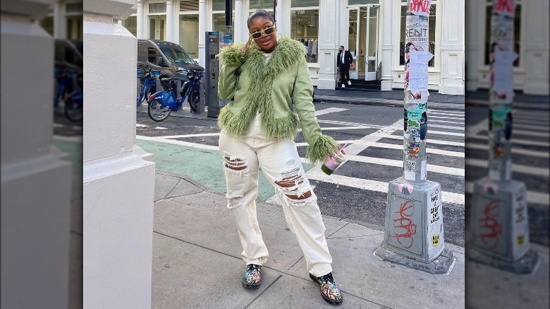 woman wearing floral chunky boots