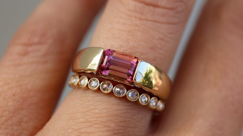 cigar band engagement ring with stone