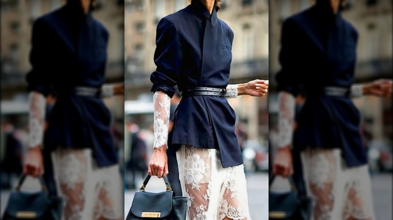 lace dress blue blazer tie