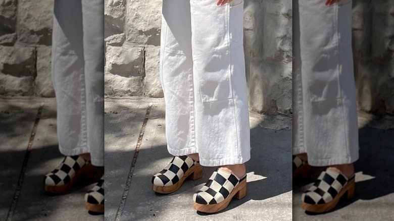 Black and white checkered clogs