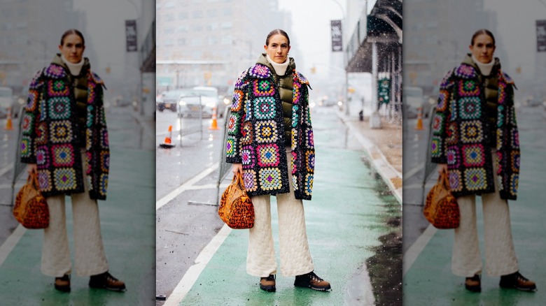 multi-colored granny square crochet coat