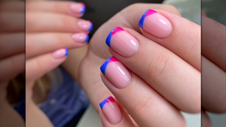 Blue and pink tipped French manicure