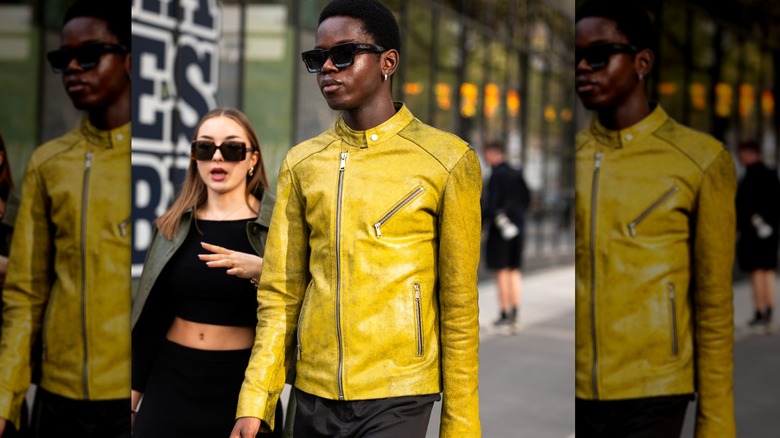 woman wearing yellow leather jacket