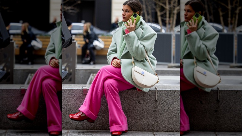 woman wearing red loafers