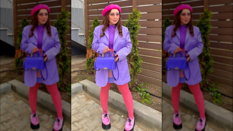 purple outfit with pink tights