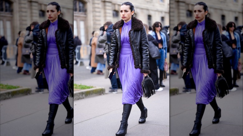 Woman wearing purple dress