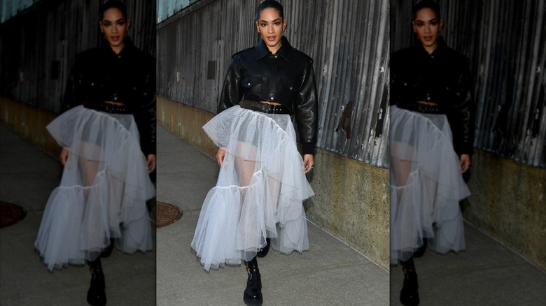 leather jacket and skirt outfit