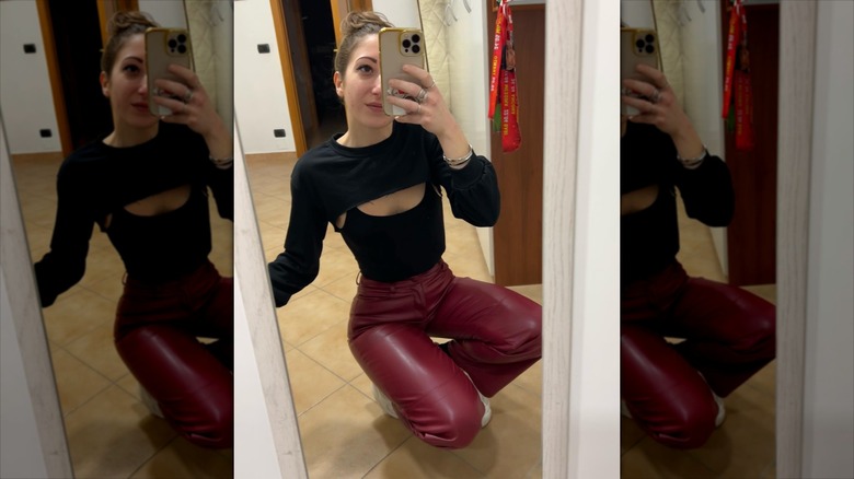 blouse and leather pants