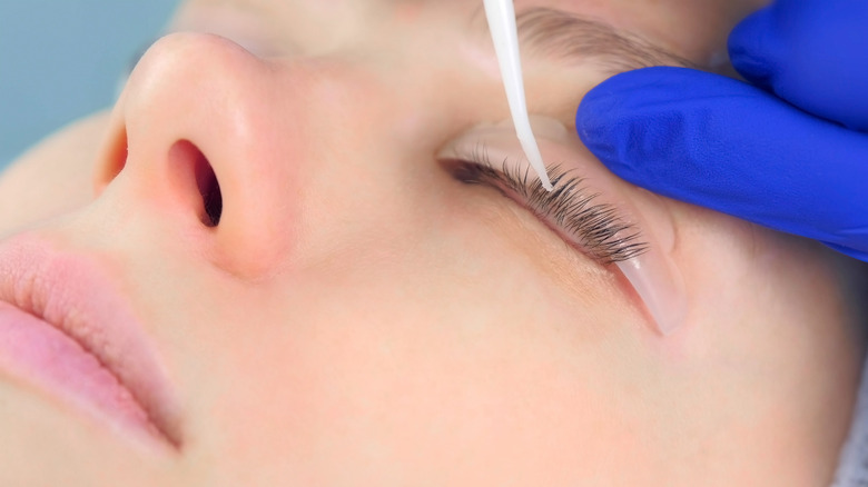 adhesive getting applied to client's lashes