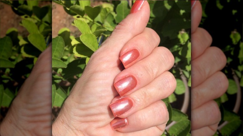 Woman wearing short coral glazed nails