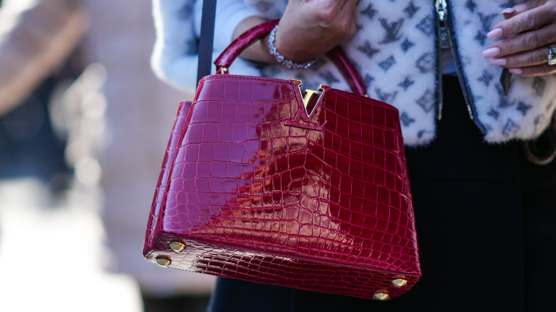 woman holding a crocodile bag