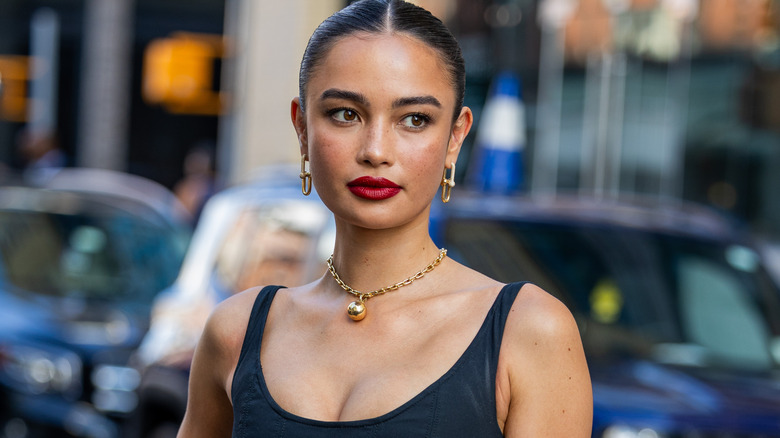 Girl wearing dark red lipstick