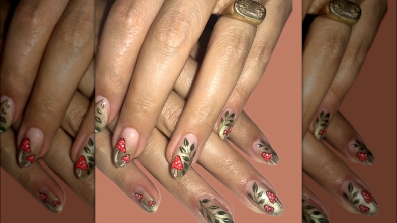 Evergreen and mushroom nail art