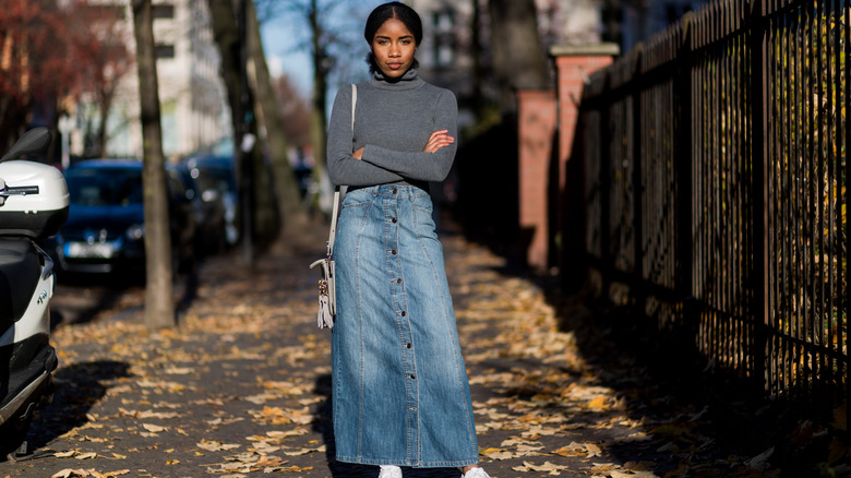 Woman denim skirt grey turtleneck