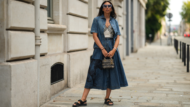 Woman double denim long skirt