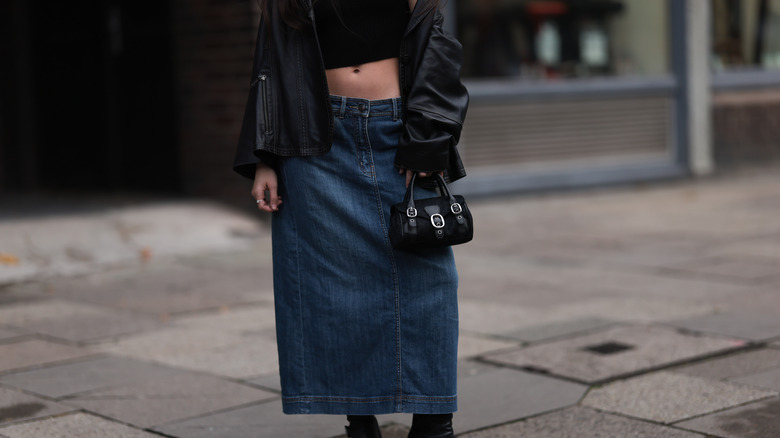 low-rise denim maxi skirt