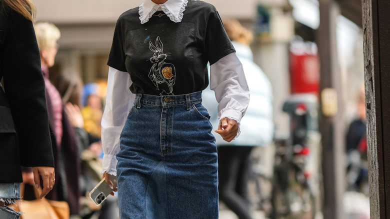 Layered top denim skirt