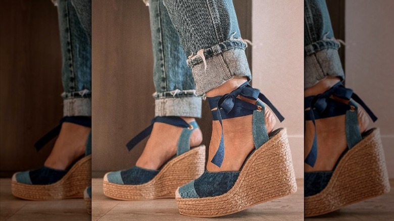 closeup of denim espadrilles