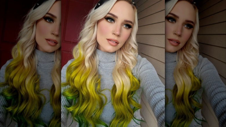 Long blonde hair with chartreuse and green dip dye