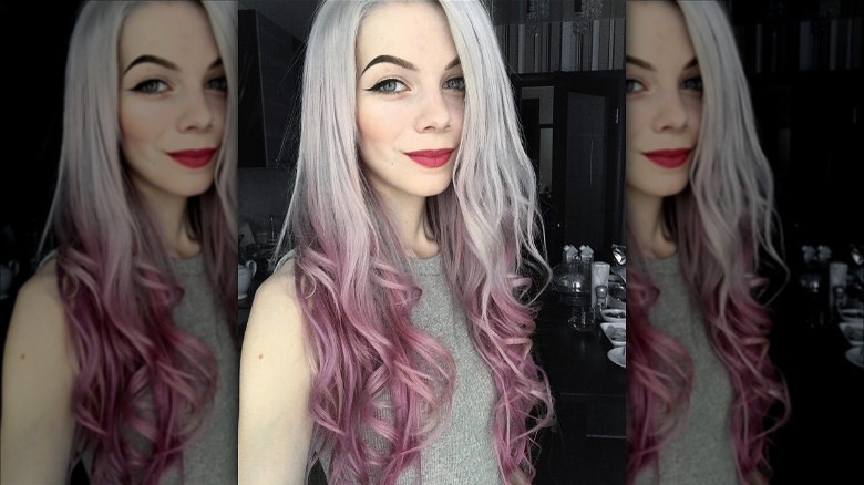 Long silver hair with pink dip dye