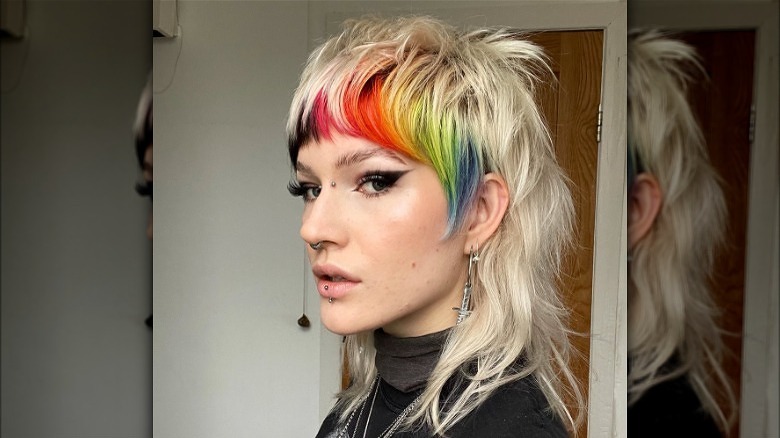 Blonde mullet with rainbow bangs