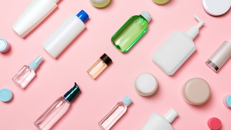 Flat lay of cosmetic bottles
