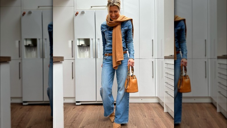 double denim outfit with camel accents