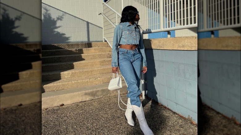 Cropped denim jacket with cowboy boots