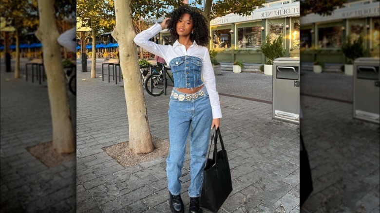 denim bustier over white blouse