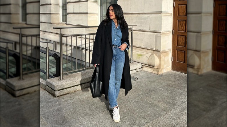 Monochromatic denim with a contrasting coat  