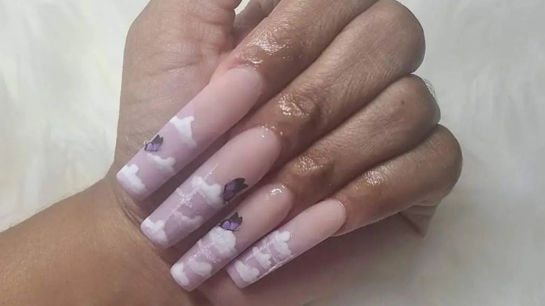 long cloud nails with butterflies