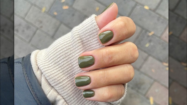 Olive green nails tan sweater