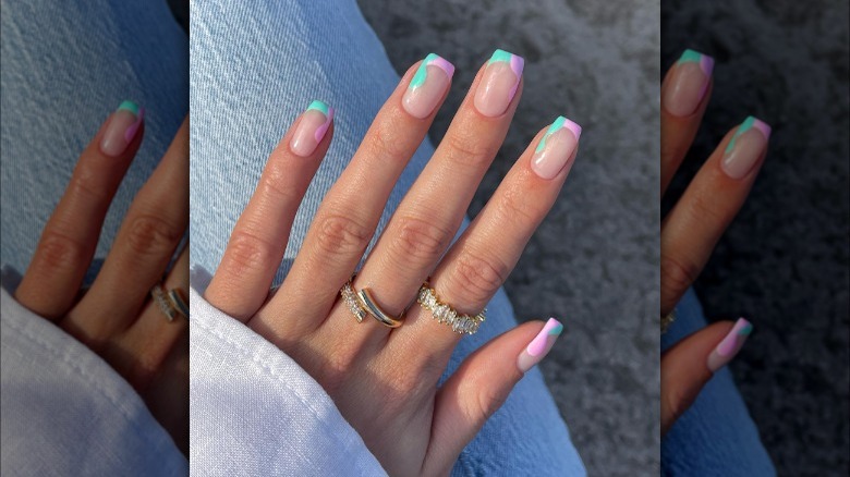 Pink and green wavy French manicure 