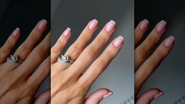 Rainbow gradient pastel French manicure