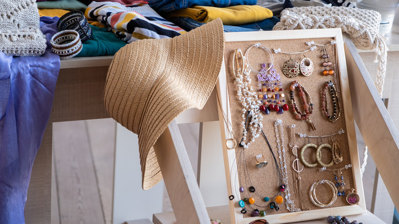 Boho accessories styled on a chair.