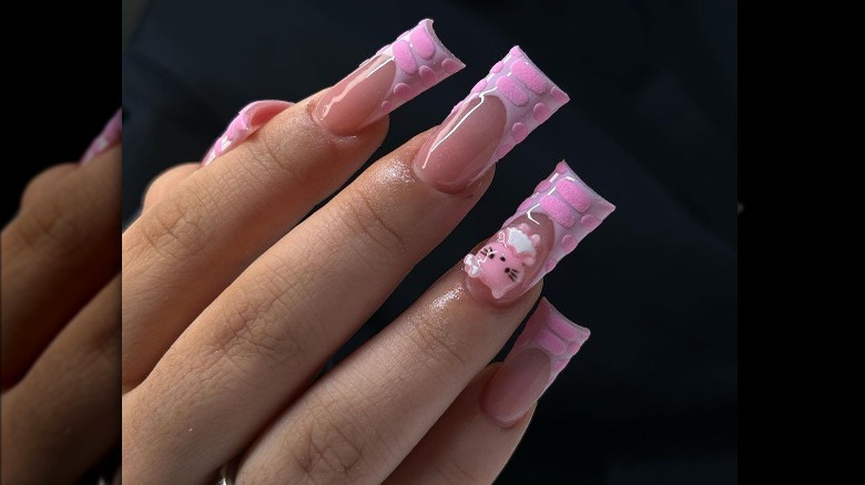 Pink duck nails with velour accents 