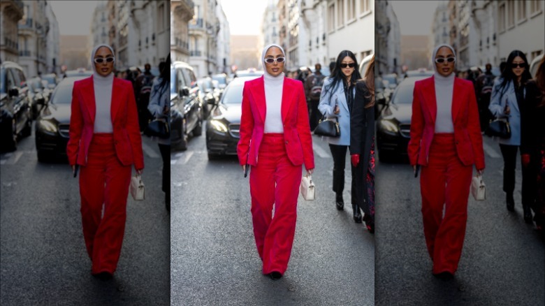 woman wearing red pants