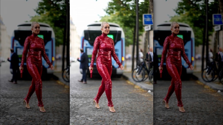 woman wearing red sequined outfit