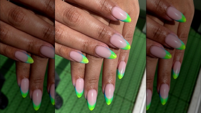 Neon lime green French manicure